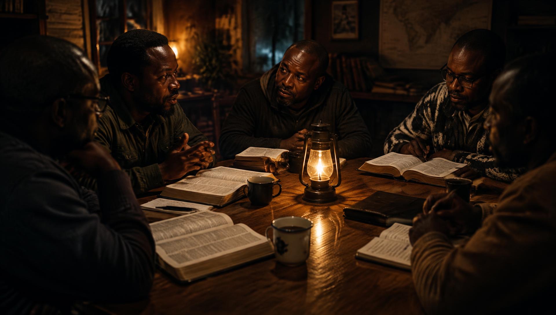 Men gathered around a table with open Bibles in lamplight